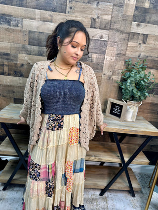 Alternate view of Young Threads Smocked Denim w/ Latte Patchwork Midi Dress
