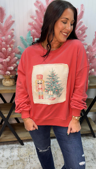 Dusty Coral Nutcracker Christmas Lightweight Oversized Sweatshirt Top