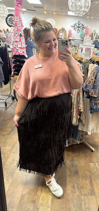 CHOCOLATE BROWN Tiered Fringe Tassel Midi Skirt Origami