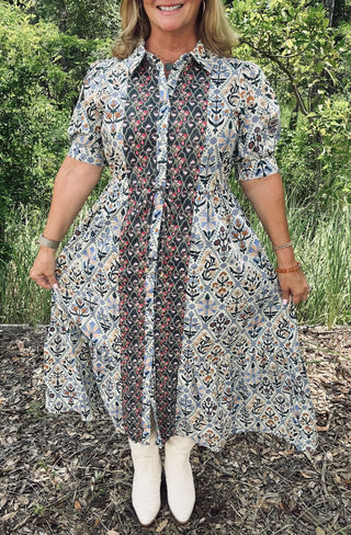 Diamond Floral Charcoal Midi Dress by Entro - Chic Accent Piece Perfect for Stylish Occasions