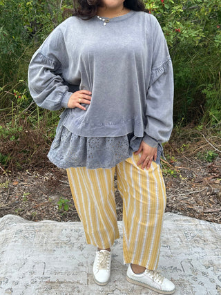 Blue Velvet Faded Navy Round Neck Mixed Fabric Hem Top