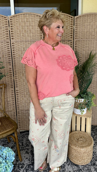 Easel Cross Stitch Floral Stretch Twill Pants
