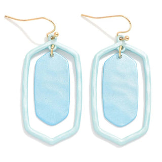 Stylish light blue hexagon nesting earrings made from lightweight material, perfect for a modern and chic look.