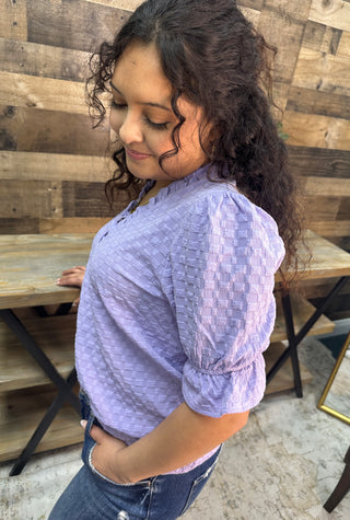 Staccato Lavender Ruffle V Neck Short Slv Top