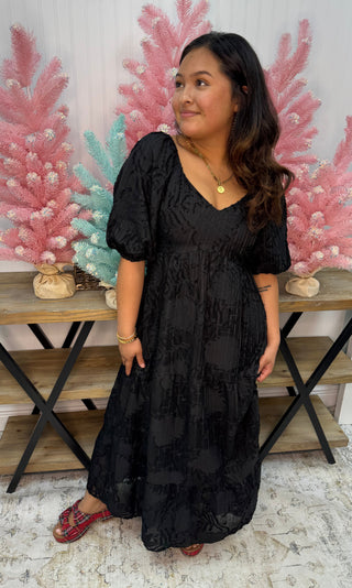 Polagram Black Textured Tiered Puff Sleeve Midi Dress