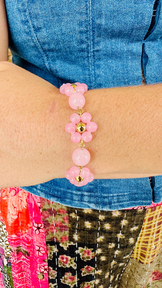 Light Pink Flowers Glass Bead Magnetic Bracelet
