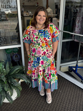 Alternate view of Oddi Carinival Bloom Floral Border Print Dress w/ Bubble Sleeve
