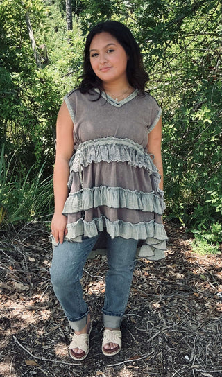 Women's Oli & Hali washed charcoal grey tunic top with tiered contrast ruffle, casual and chic fashion statement.
