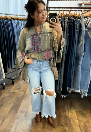 Dusty Olive Overdyed Vintage Boho Tiered Ruffle Top