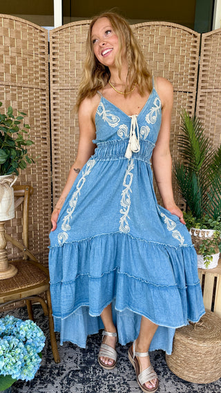 POL Be Her Denim & Pearl Boho Dress
