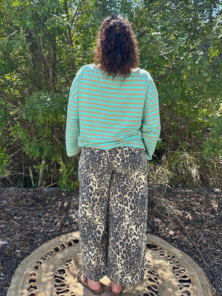 Mint & Beige Stripe French Terry Raw Edge Top