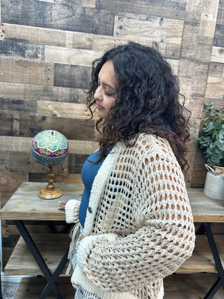 Alternate view of POL Latte Crochet & Ivory Trim Cardigan Top
