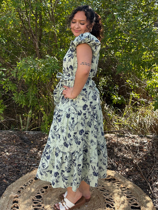 Alternate view of A & She Sage & Navy Floral Split Neck Midi Dress
