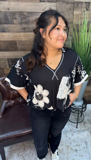 POL Black Ribbed Ivory Crochet Detail Hoodie Top