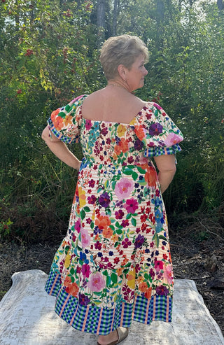 Oddi Carinival Bloom Floral Border Print Dress w/ Bubble Sleeve