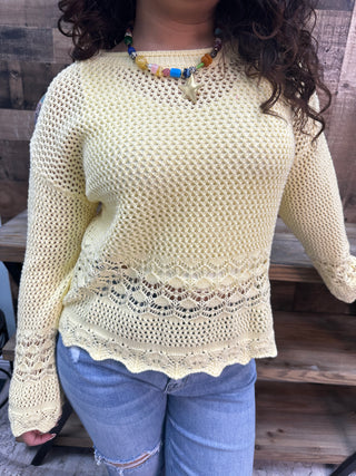 Alternate view of Cozy Co BUTTER YELLOW Open Knit Scallop Hem Sweater Top
