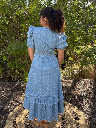 Peach Love Lt Denim Polka Dot Midi Dress