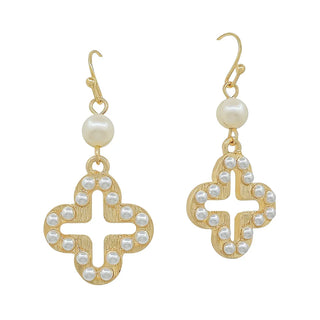 Gold Open Clover Pearl Drop Earrings