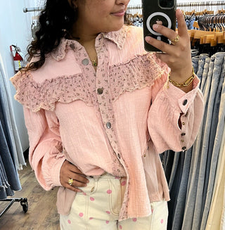 POL Lt Pink Ruffle Trim Mixed Fabric Shacket Top