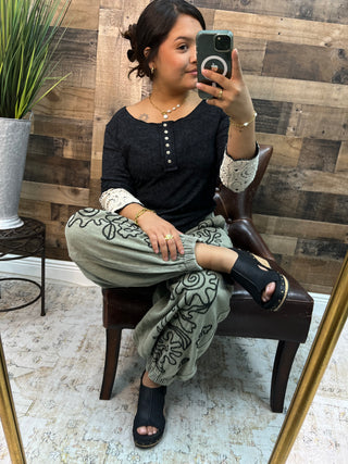 POL Black Round Neck Long Slv Slim Fit Top w/ Crochet Sleeve Hem