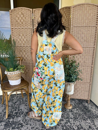 Alternate view of POL Sky Blue Lemon & Crochet Overalls
