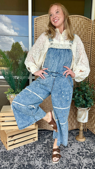 Alternate view of POL Denim & Ivory Eyelet Overalls
