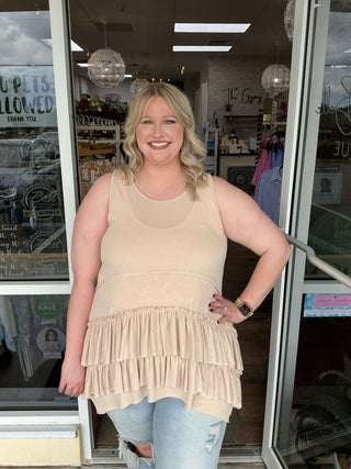 Women's Sew In Love Taupe Sleeveless Tunic with Tiered Ruffle Hem, perfect for casual and chic summer outfits.