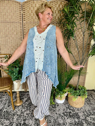 Light blue chambray sleeveless tank top with white eyelet center panel and raw edges.