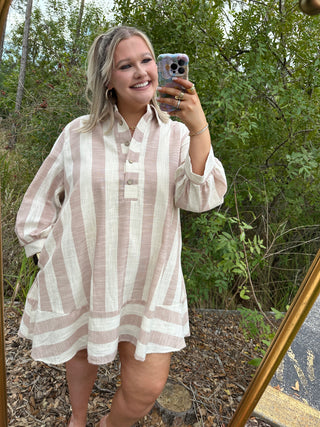 Alternate view of Like Love Oatmeal & Taupe Stripe Linen Look 3/4 Sleeve Dress
