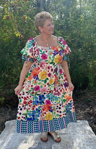 Oddi Carinival Bloom Floral Border Print Dress w/ Bubble Sleeve