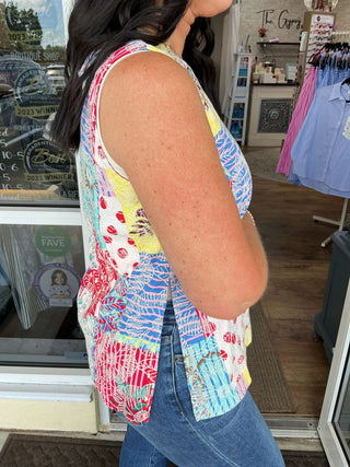 American Girl Patchwork Sleeveless Side Slit Top VOY - Vibrant, Stylish, Lightweight Women's Fashion Tank Top