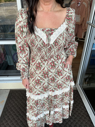 Forte Lt Sage Victorian Floral Smocked Bodice Maxi Dress