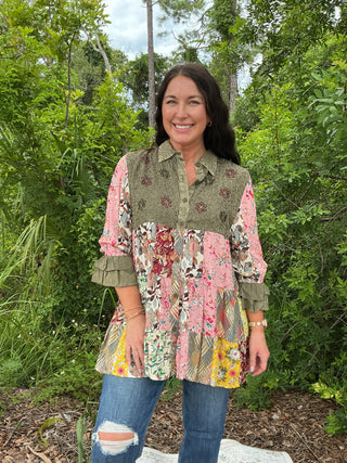 Young Threads Olive Patchwork Ruffle Sleeve Top