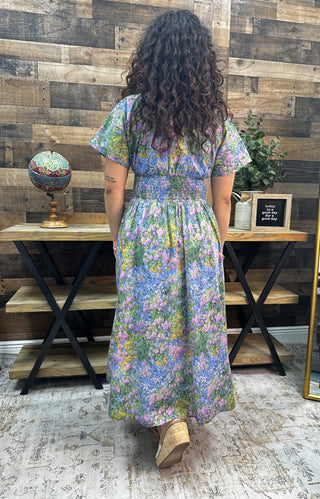 Entro Periwinkle Bloom Elastic Waist Zip Midi Dress