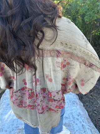 Young Threads Khaki & Pink Floral Embroidered Patchwork Top