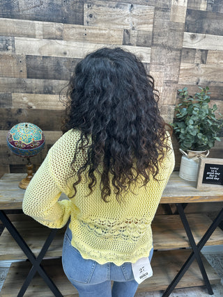 Alternate view of Cozy Co BUTTER YELLOW Open Knit Scallop Hem Sweater Top
