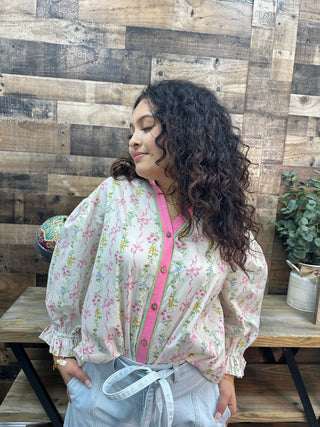 Alternate view of Easel Pink Ribbon Coquette Floral Ruffle Collar Top
