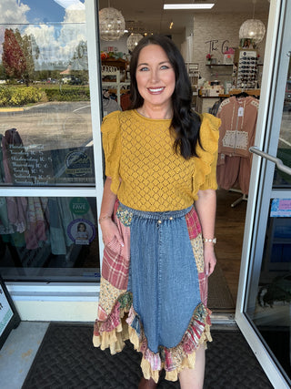 Young Threads Vintage Boho Patch Ruffled Midi Skirt