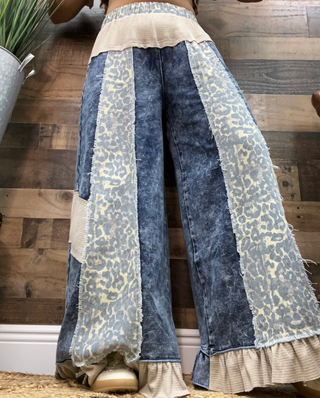 POL Denim & Leopard Wide Leg Ruffle Hem Pants