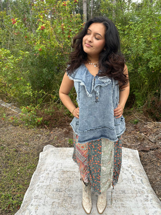 Oli & Hali Denim Washed Ruffle Collar Tencel Top