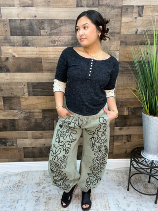 POL Olive Green Button Front Jogger w/ Black Embroidery