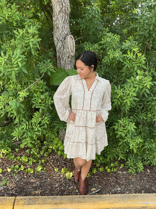 In Feb Light Brown Romantic Toile Tiered Ruffle Dress