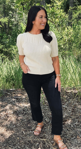 Gilli Cable Knit & Ribbed Texture Short Sleeve Sweater in 2 Colors - Cozy Chic Fashion for Any Season.
