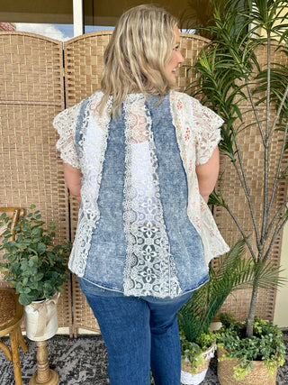 Alternate view of POL Hopelessly Devoted Chambray Patchwork Top

