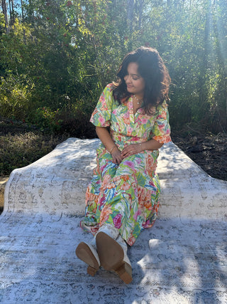 Oddi Minty Garden Floral Printed Tiered Midi Dress w/ Puff Sleeve & Elastic Waist