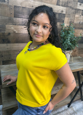 Alternate view of Like Love Yellow Cap Slv V Neck Knit Top

