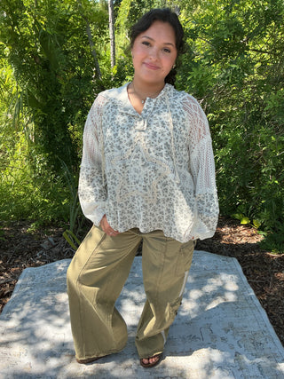 POL Mineral Wash Olive Fringe Front Jean w/ Crochet Lace Detail