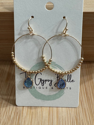 Blue Teardrop Gold Beaded Hoop Drop Earrings