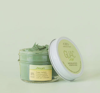 FHF Guac Star Avocado Mask in jar with avocado and leaves, hydrating skincare for a radiant complexion.