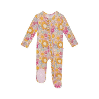 Posh Peanut Rosalinda Ruffled Footie One Piece in white with pink floral pattern, perfect for stylish infant comfort.